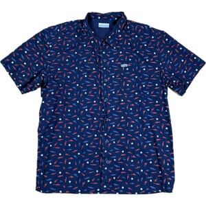 Columbia PFG Mens L Blue Red White Fish Omni-Wick Performance Short Sleeve Shirt